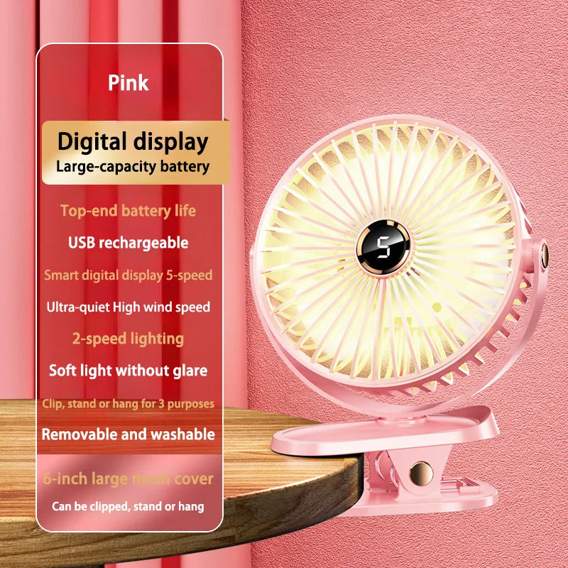 Clip On Fan 8000mAh Rechargeable Portable Desk Circulator With LED Light For Camping