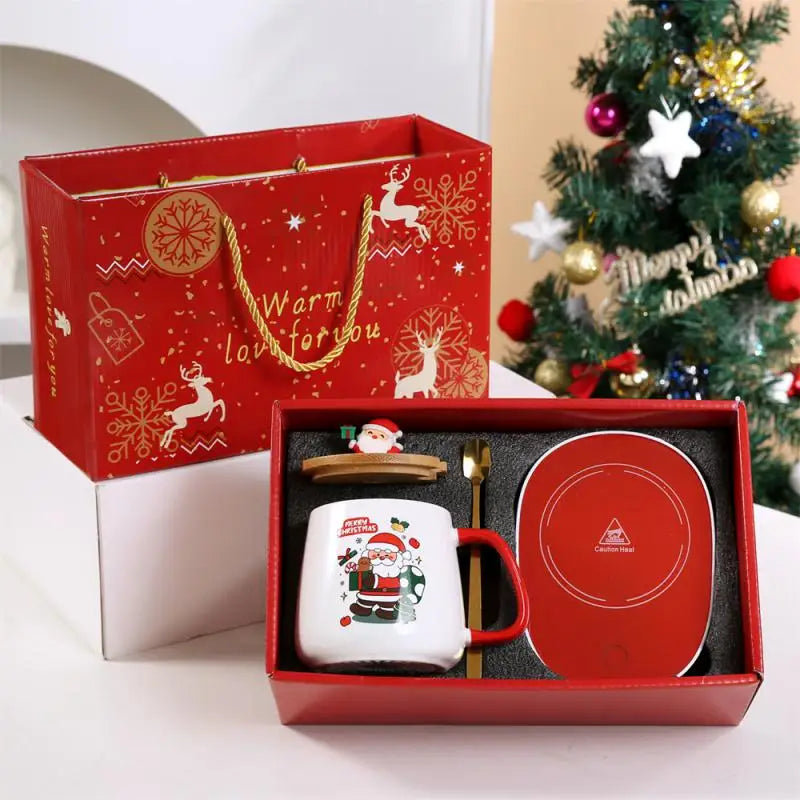 Christmas Ceramic Mug Gift Set – With Lid, Spoon & USB Heat Pad