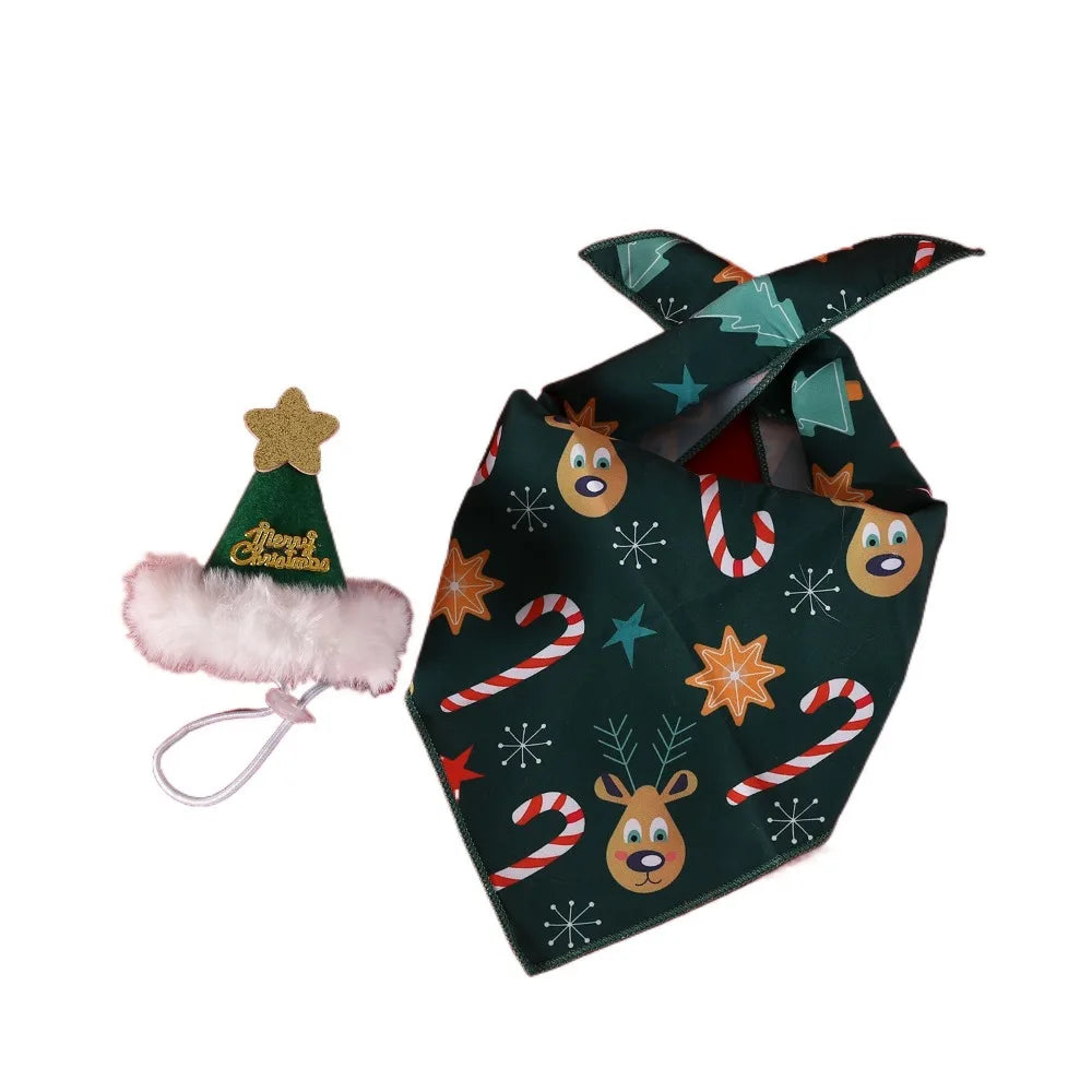 2-Piece Pet Christmas Dress-Up Set – Kitten & Puppy Bandana with Hat