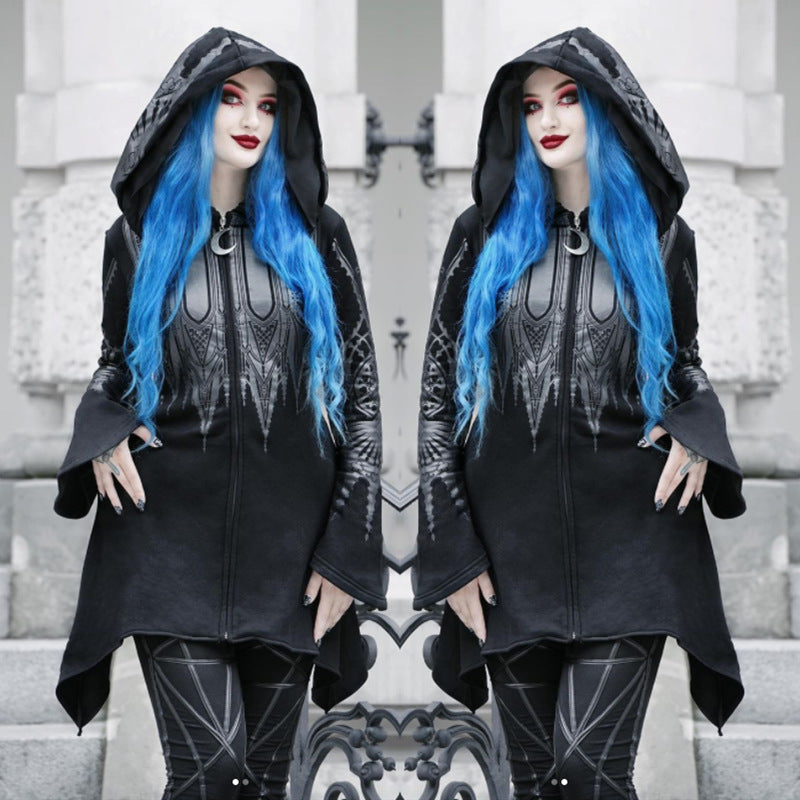 Halloween Cosplay Hoodie Women's Punk Black Long Hooded Printed Sweater