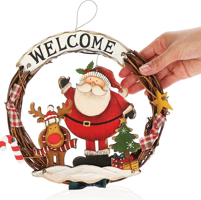 Christmas Decoration Welcome Santa Wreath Braided Door Hang - 25 cm