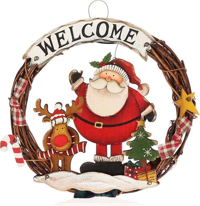 Christmas Decoration Welcome Santa Wreath Braided Door Hang - 25 cm