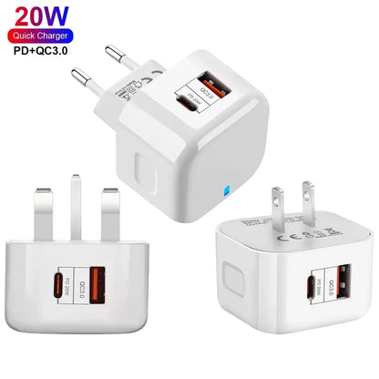 UK/EU/US 20W Adapter with Dual USB Ports