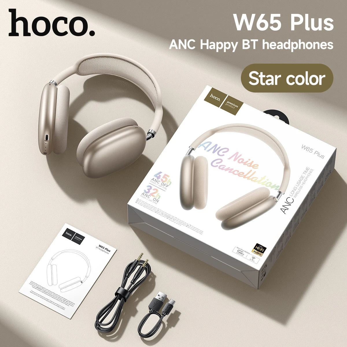 HOCO W65 Plus ANC Noise Reduction Bluetooth Headphones Over The Ear Wireless Big Earphone Hifi Sounds Sport Headsets With Button by Haraps.com