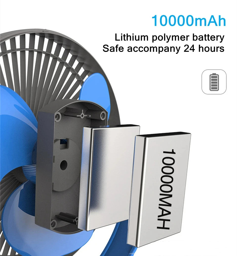 Portable USB Rechargeable Fan 10000mAh Battery With 4 Speeds For Home Office Outdoor Use