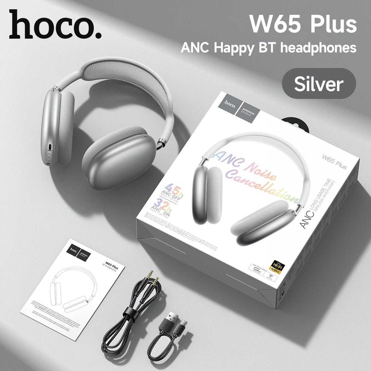 HOCO W65 Plus ANC Noise Reduction Bluetooth Headphones Over The Ear Wireless Big Earphone Hifi Sounds Sport Headsets With Button by Haraps.com