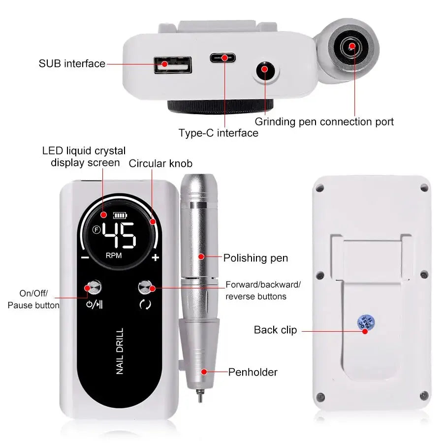 Professional 45,000RPM Electric Portable Nail Drill Machine – Rechargeable, Low Noise, Brushless Motor for Manicure & Pedicure