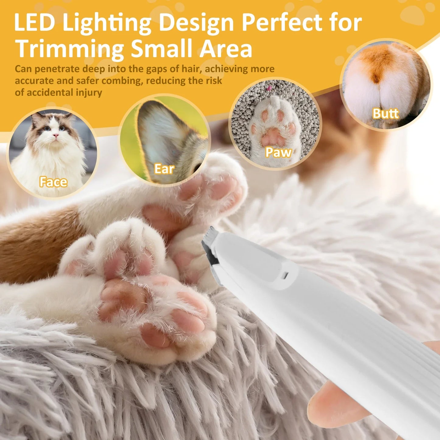 LED Dog Paw Trimmer – Low Noise Cordless Pet Grooming Clipper (Waterproof, High-Speed)