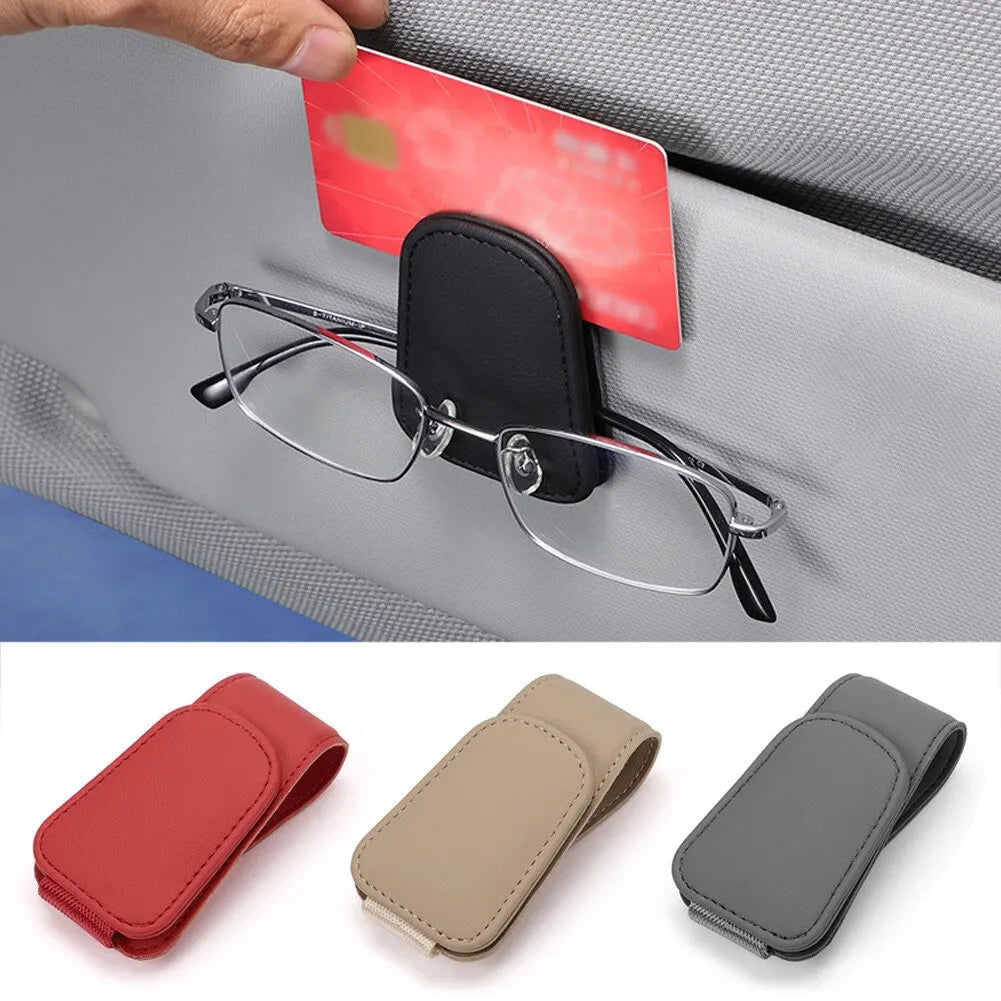 Leather Car Sun Visor Eyeglass Holder with Magnetic Closure