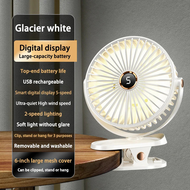 Clip On Fan 8000mAh Rechargeable Portable Desk Circulator With LED Light For Camping