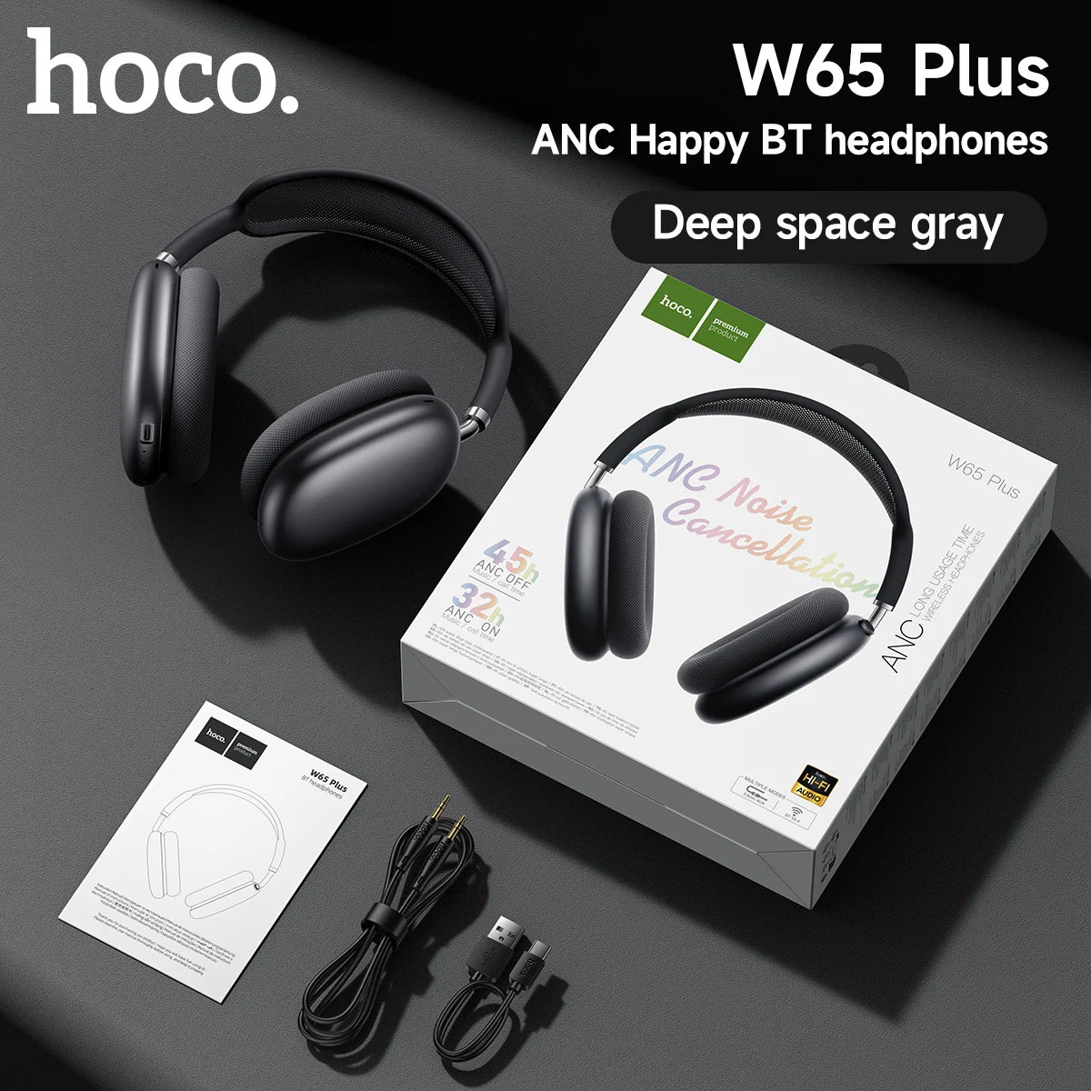 HOCO W65 Plus ANC Noise Reduction Bluetooth Headphones Over The Ear Wireless Big Earphone Hifi Sounds Sport Headsets With Button by Haraps.com