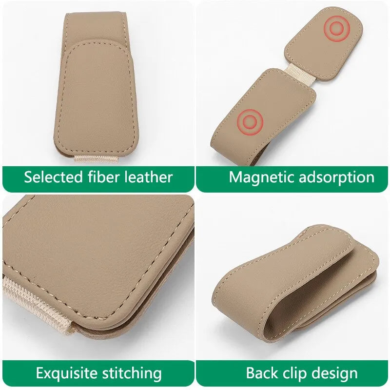 Leather Car Sun Visor Eyeglass Holder with Magnetic Closure