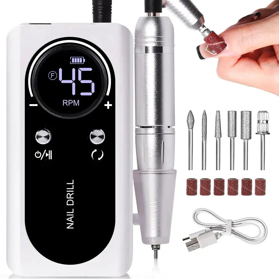 Professional 45,000RPM Electric Portable Nail Drill Machine – Rechargeable, Low Noise, Brushless Motor for Manicure & Pedicure