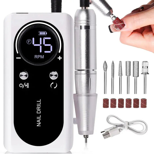 Professional 45,000RPM Electric Portable Nail Drill Machine – Rechargeable, Low Noise, Brushless Motor for Manicure & Pedicure
