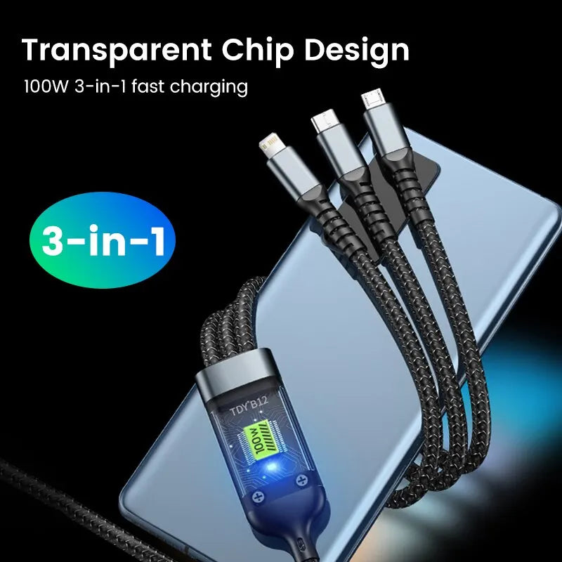100W 3-in-1 Illuminated Fast Charging and Data Transfer Cable