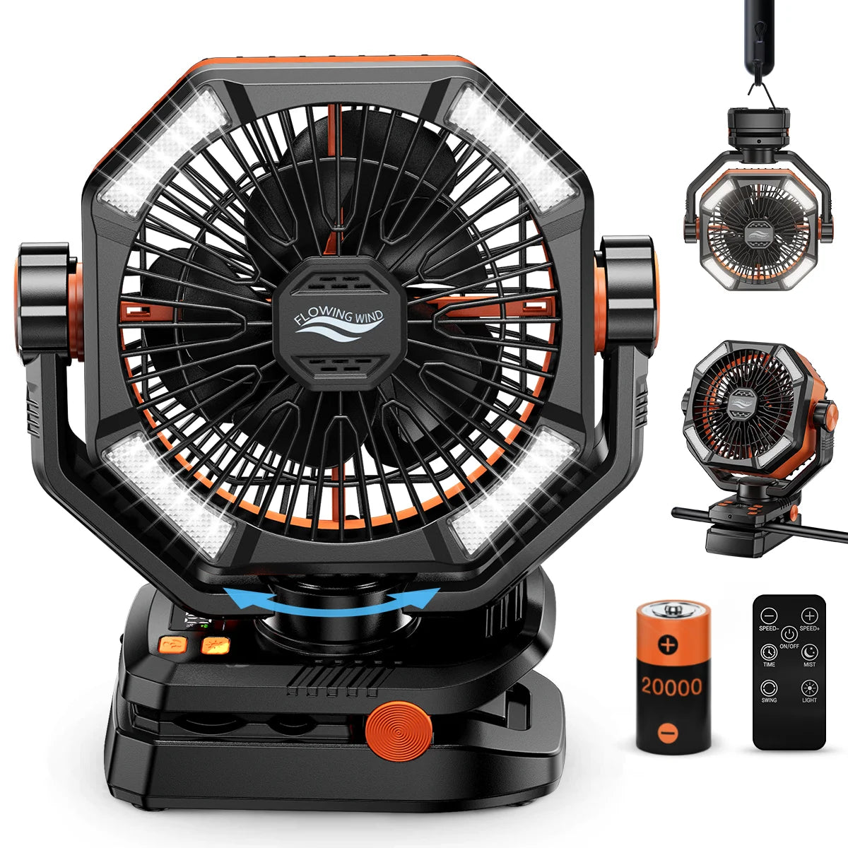 20000mAh Battery Camping Fan With 4 LED Lantern, 8 Speeds, Portable Outdoor Desk Fan For Camping Tent And Fishing