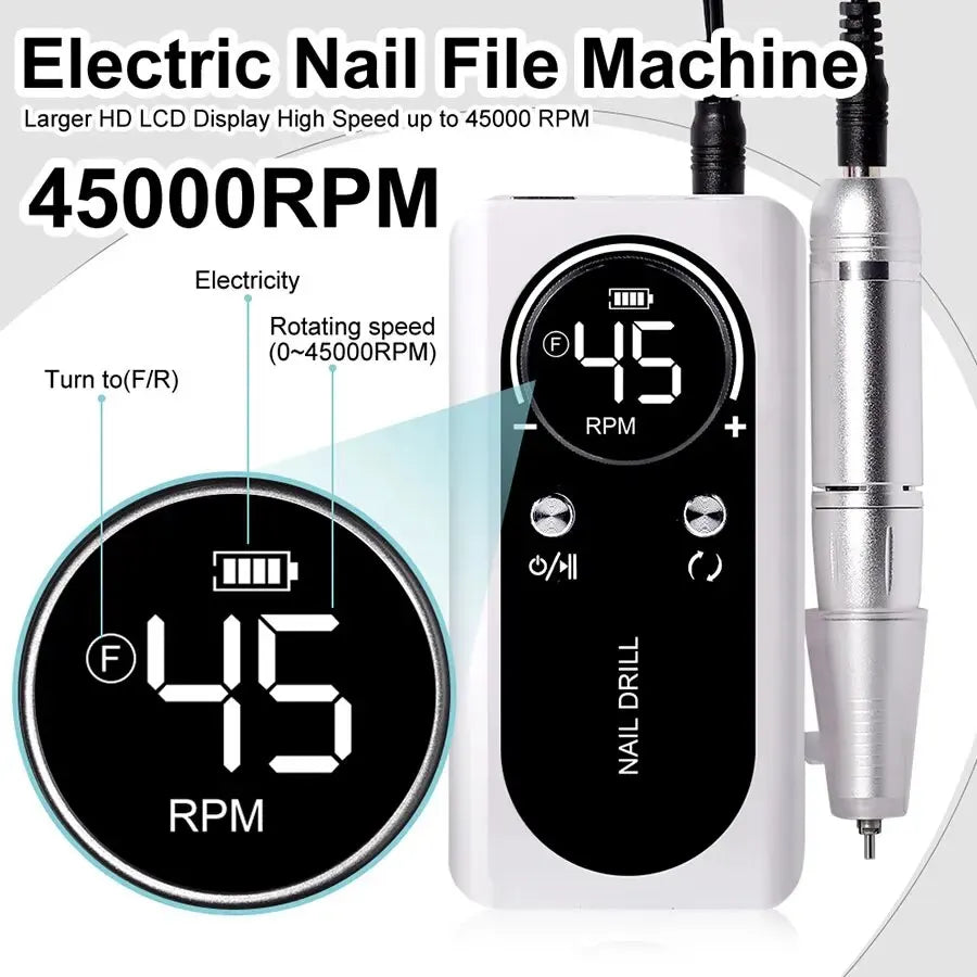 Professional 45,000RPM Electric Portable Nail Drill Machine – Rechargeable, Low Noise, Brushless Motor for Manicure & Pedicure