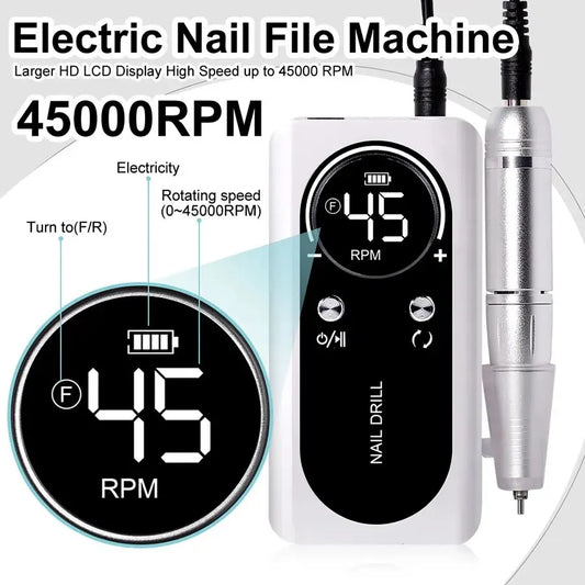 Professional 45,000RPM Electric Portable Nail Drill Machine – Rechargeable, Low Noise, Brushless Motor for Manicure & Pedicure