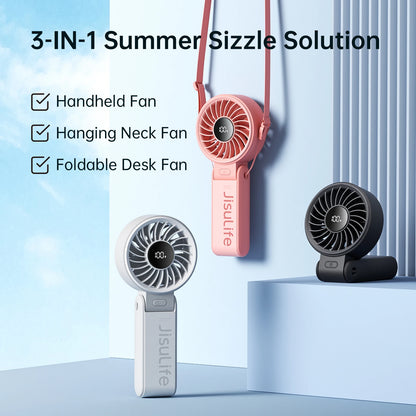 Portable Handheld Fan With LED Display 5 Speeds 5000mAh Foldable 150 Degree 3 In 1 Personal Fan For Travellers