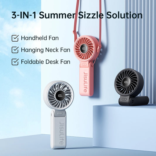 Portable Handheld Fan With LED Display 5 Speeds 5000mAh Foldable 150 Degree 3 In 1 Personal Fan For Travellers