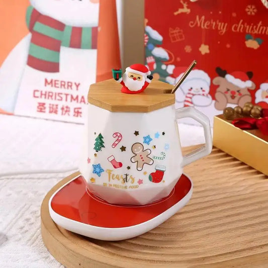 Christmas Ceramic Mug Gift Set – With Lid, Spoon & USB Heat Pad