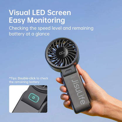 Portable Handheld Fan With LED Display 5 Speeds 5000mAh Foldable 150 Degree 3 In 1 Personal Fan For Travellers