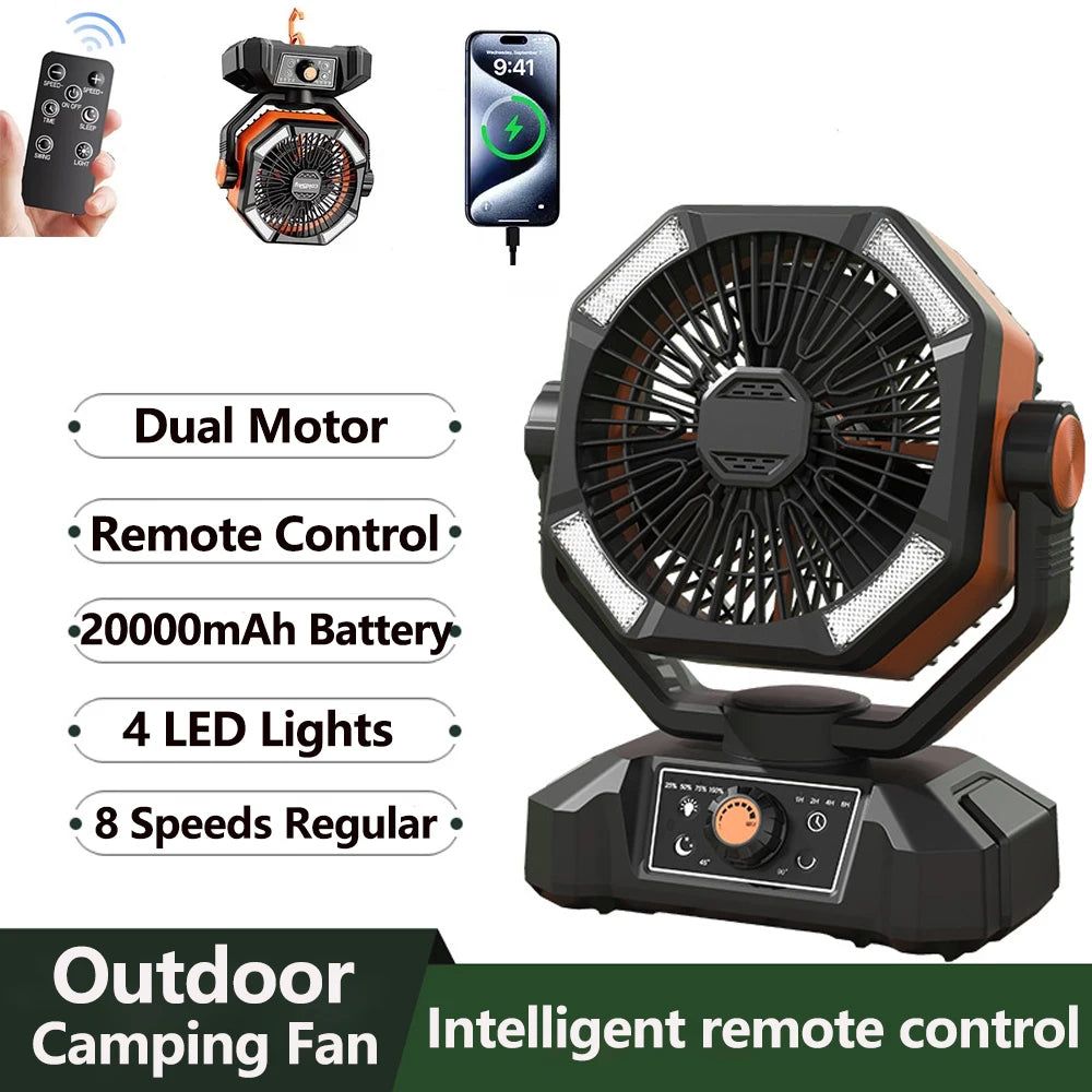 20000mAh Battery Camping Fan With 4 LED Lantern, 8 Speeds, Portable Outdoor Desk Fan For Camping Tent And Fishing