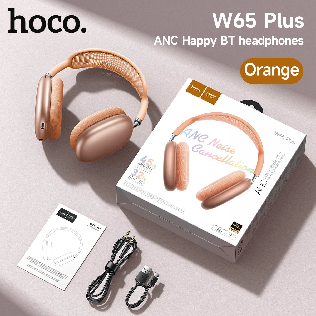 HOCO W65 Plus ANC Noise Reduction Bluetooth Headphones Over The Ear Wireless Big Earphone Hifi Sounds Sport Headsets With Button by Haraps.com