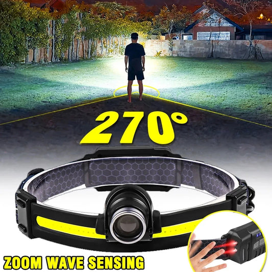 LED Sensor Headlight with Zoom and Large COB Floodlight