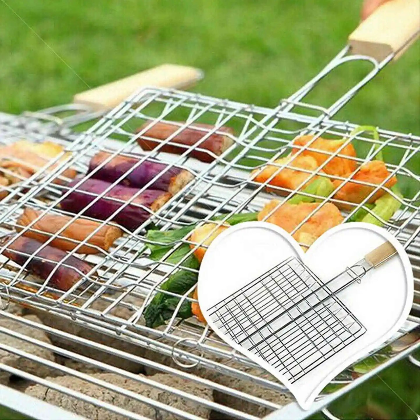 Wooden Handle Outdoor BBQ Grill Basket