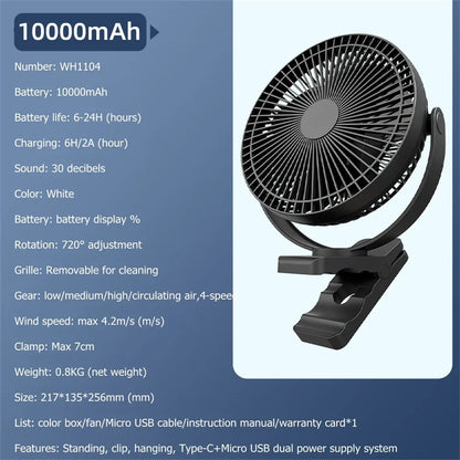 Portable USB Rechargeable Fan 10000mAh Battery With 4 Speeds For Home Office Outdoor Use