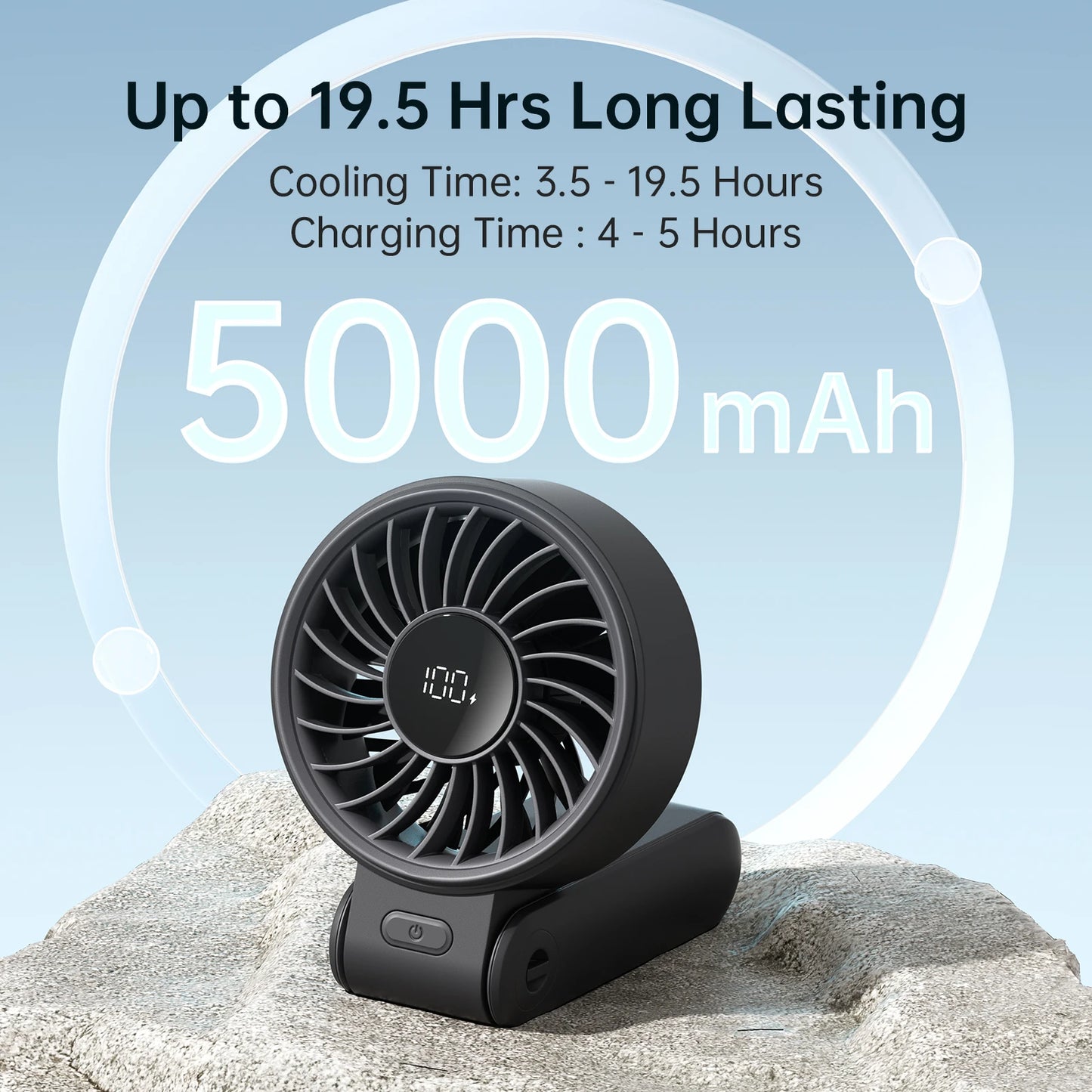 Portable Handheld Fan With LED Display 5 Speeds 5000mAh Foldable 150 Degree 3 In 1 Personal Fan For Travellers