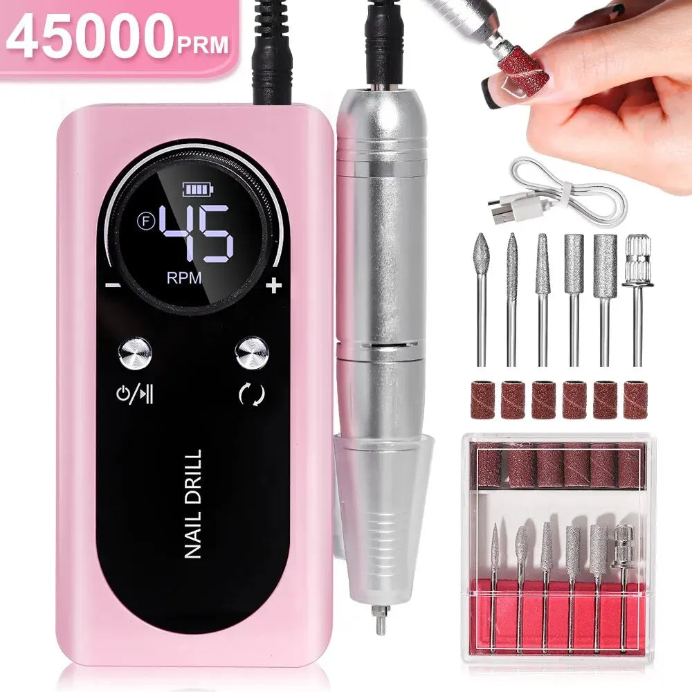 Professional 45,000RPM Electric Portable Nail Drill Machine – Rechargeable, Low Noise, Brushless Motor for Manicure & Pedicure