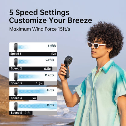 Portable Handheld Fan With LED Display 5 Speeds 5000mAh Foldable 150 Degree 3 In 1 Personal Fan For Travellers