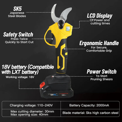 18V Cordless Electric Fruit Pruning Shears with LCD Display