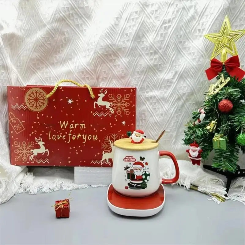 Christmas Ceramic Mug Gift Set – With Lid, Spoon & USB Heat Pad
