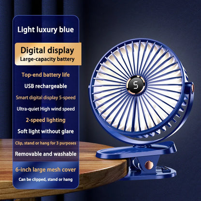 Clip On Fan 8000mAh Rechargeable Portable Desk Circulator With LED Light For Camping
