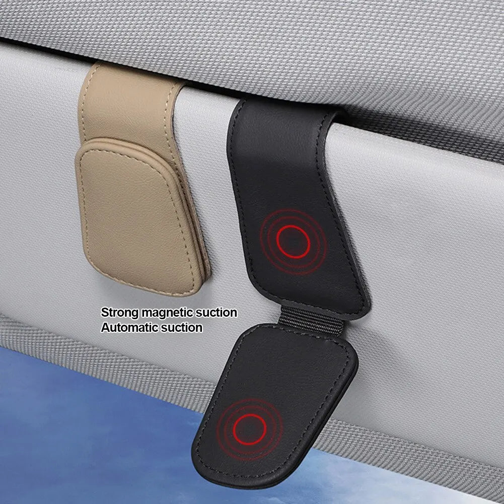 Leather Car Sun Visor Eyeglass Holder with Magnetic Closure