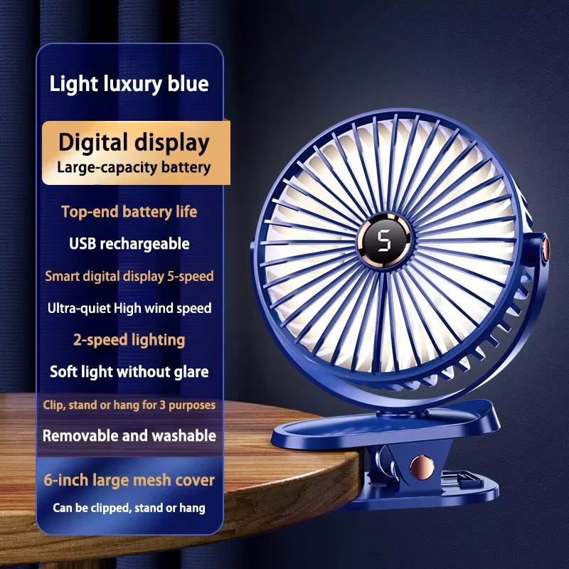 Clip On Fan 8000mAh Rechargeable Portable Desk Circulator With LED Light For Camping