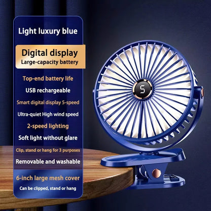 Clip On Fan 8000mAh Rechargeable Portable Desk Circulator With LED Light For Camping