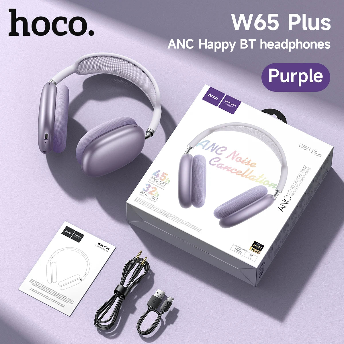 HOCO W65 Plus ANC Noise Reduction Bluetooth Headphones Over The Ear Wireless Big Earphone Hifi Sounds Sport Headsets With Button by Haraps.com