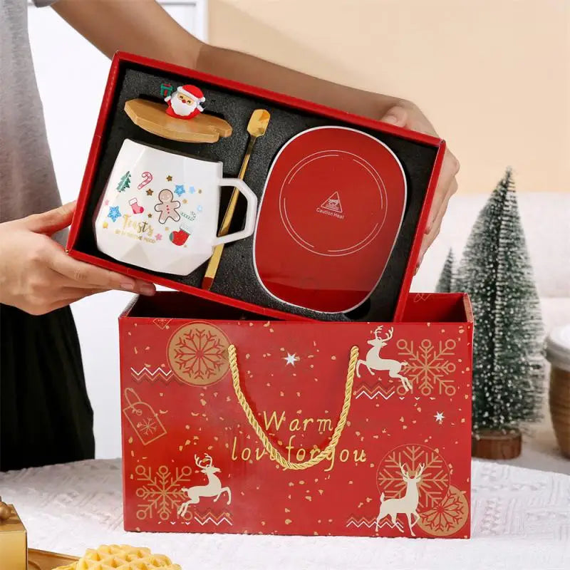 Christmas Ceramic Mug Gift Set – With Lid, Spoon & USB Heat Pad