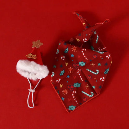 2-Piece Pet Christmas Dress-Up Set – Kitten & Puppy Bandana with Hat