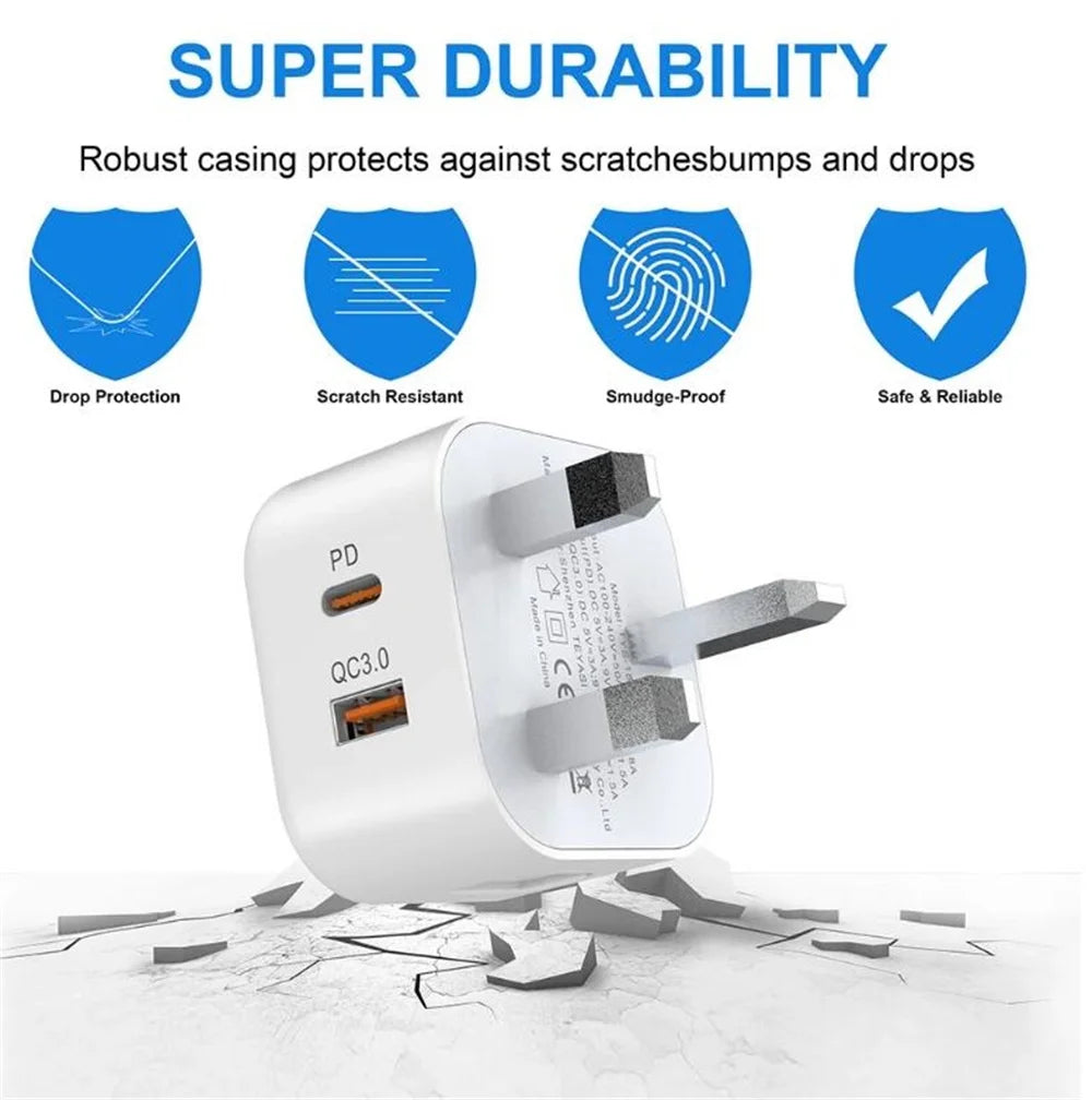 UK/EU/US 20W Adapter with Dual USB Ports