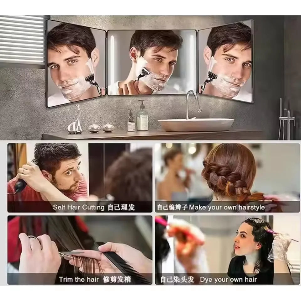 Tri-Fold LED Mirror – 3-Way Adjustable Mirror for Self Haircuts & Makeup Application