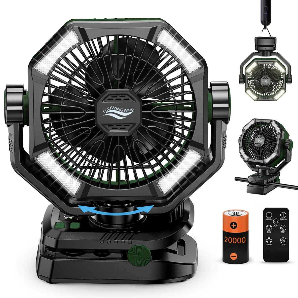 20000mAh Battery Camping Fan With 4 LED Lantern, 8 Speeds, Portable Outdoor Desk Fan For Camping Tent And Fishing