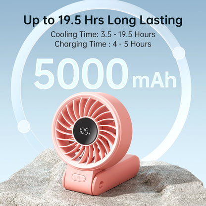 Portable Handheld Fan With LED Display 5 Speeds 5000mAh Foldable 150 Degree 3 In 1 Personal Fan For Travellers