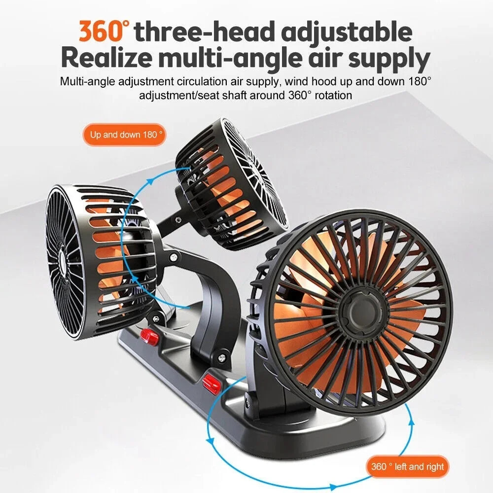 Car Fan 360° Adjustable 3 Head Air Fan Automotive Electric Fan USB/12V/24V Fan 2 Speeds Car Silent Fan For Home Desk Office&Car by Haraps.com