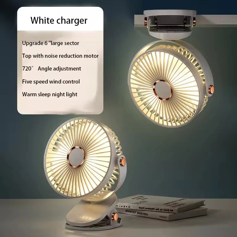 Clip On Fan 8000mAh Rechargeable Portable Desk Circulator With LED Light For Camping