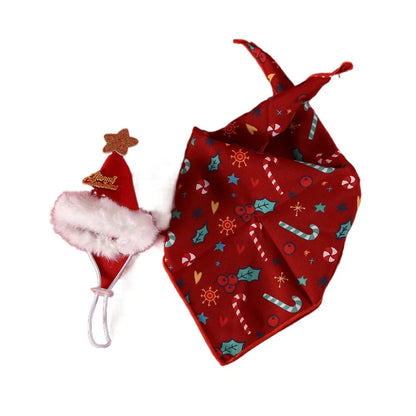 2-Piece Pet Christmas Dress-Up Set – Kitten & Puppy Bandana with Hat